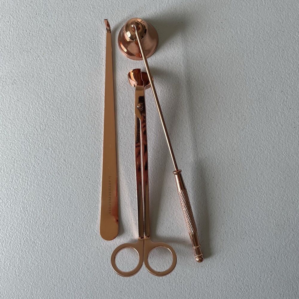 Anthropologie Home Candle Care Kit Rose Gold Snuffer, Wick Trimmer, Set of 3